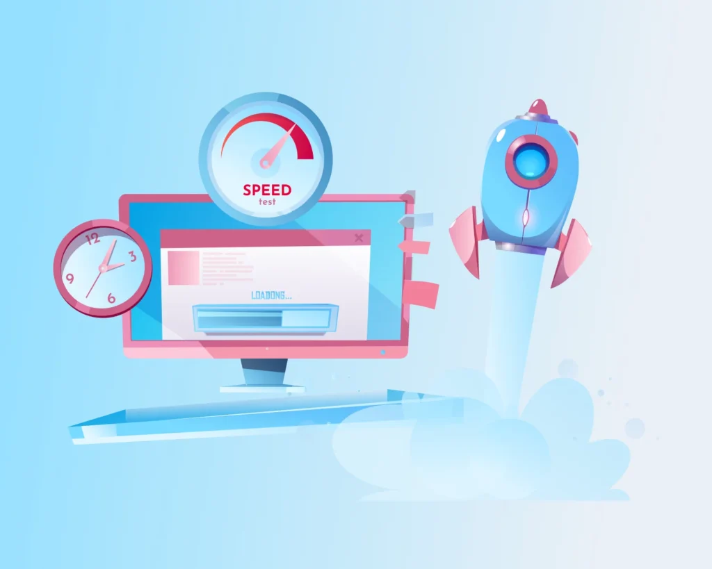 Speedometer graphic illustrating fast-loading website performance for businesses in rural and urban Rajasthan.